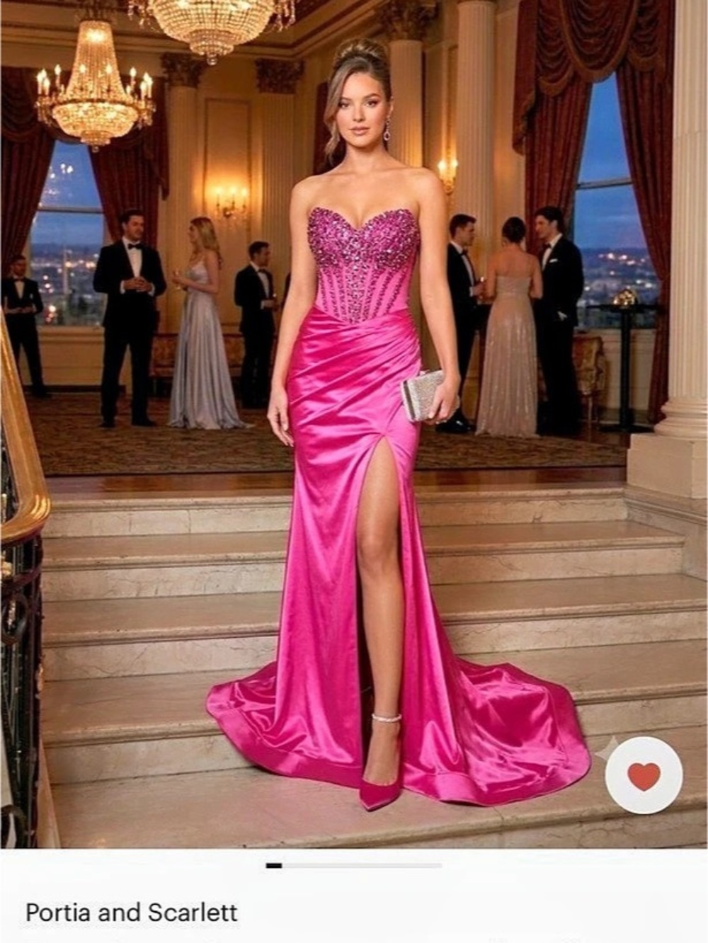 Portia and Scarlett PS26002 Fuchsia Pink Beaded Corset Satin Slit Gown Satin